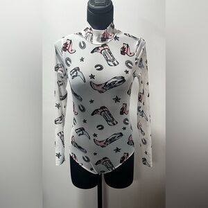 Woman’s Bodysuit Cowboy Boots Sheer White Size Small Long Sleeve High Neck Top